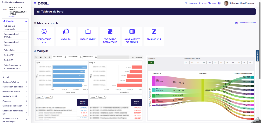 Visualisation des KPI financiers par entité avec camemberts et histogrammes analytiques